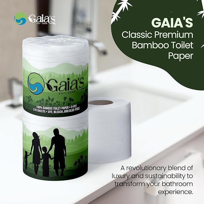 Gaias Premium and Soft Organic Bamboo Toilet Paper | 48 Mega Rolls, 3 Ply, 370 Sheets | FSC Certified, PFAS & BPA Free, Eco-Friendly, Sustainable Tissue - Plastic Free, Septic Safe, Vegan