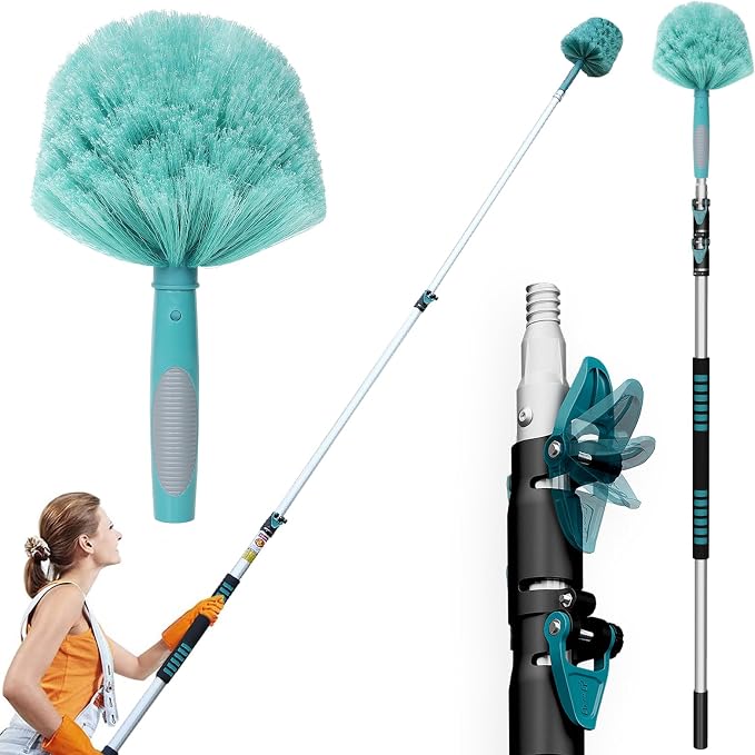 TelesPro 20 Feet High Reach Cobweb Duster with 5-12Ft Extension Pole, Webster Cobweb Duster with 3-Stage Telescopic Aluminum Pole, Spider Web Brush for Outdoor & Indoor Cleaning - Soft Bristles.