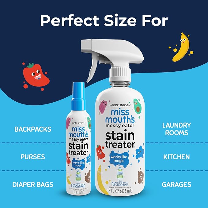 Miss Mouth’s Messy Eater Stain Treater Spray - Stain Remover - Newborn & Baby Essentials - 2-Pack of 16oz Stain Remover | Newborn & Baby Essentials; Cleans Off Food, Grease, Coffee; Use on Laundry, Underwear, Fabric