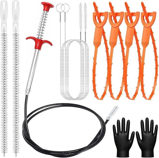 10PCS Drain Snake Kit, 63" Heavy Duty Plumbing Auger, 60" Sink Snake Brush, 20" Clog Remover, 18" Cleaning Brush with Gloves, Pipe Cleaner for Kitchen Sink, Bathtub, Toilet, Sewer Drainage