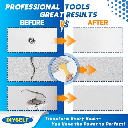 DIYSELF 21 Pack Drywall Repair Kit, 14 Mesh Patches, Wall Patch Repair Kit | 14 Self-Adhesive Mesh Patches in 4 Sizes, Drywall Patch Kit for Nail Holes, Wall Hole Repair Kit with Scrapers for Homeowners