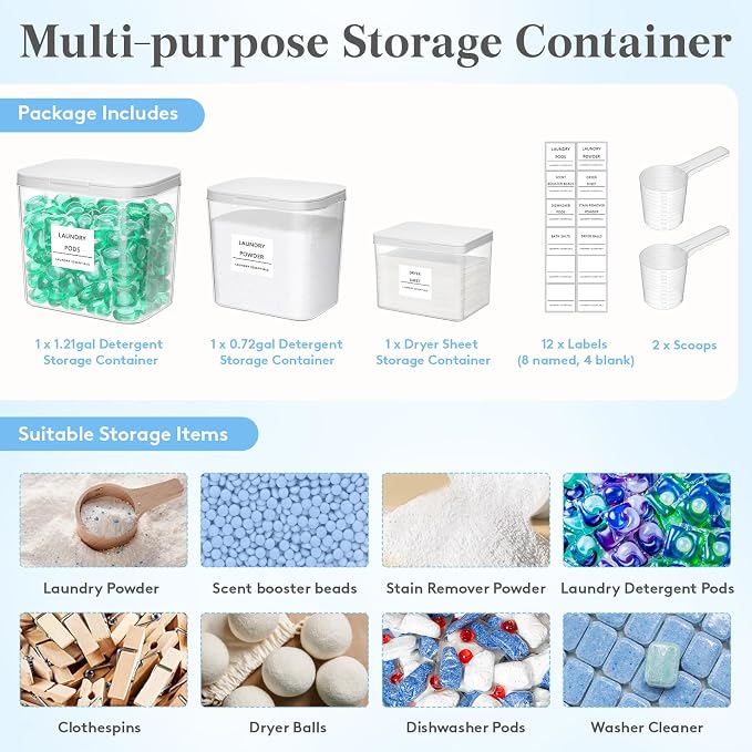 Lifewit Laundry Pods Container with Pop-up Lid, Coffee Pod K Cup Storage, Laundry Room Organization, Dryer Sheet Holder for Washing Powder Detergent, 2700 +4500+1800ml/0.5+0.72+1.2gal, 3PCS