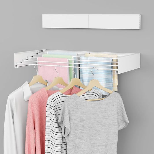 ZMBESUP Wall Mounted Drying Rack 31.5 Inch White, Foldable Retractable Clothes Drying Rack for Laundry Room Organization, Heavy Duty Space Saving Laundry Rack for Apartment Bathroom, 60lb Capacity