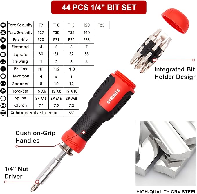 STREBITO 191-Piece Multi-Bit Screwdriver, Precision Screwdriver Set(Red) | 1/4'' Nut Driver Home Improvement Tool Electronic Repair Kit for Computer, Phone, Laptop, PC, Cell Phone, PS4, Xbox, Nintendo