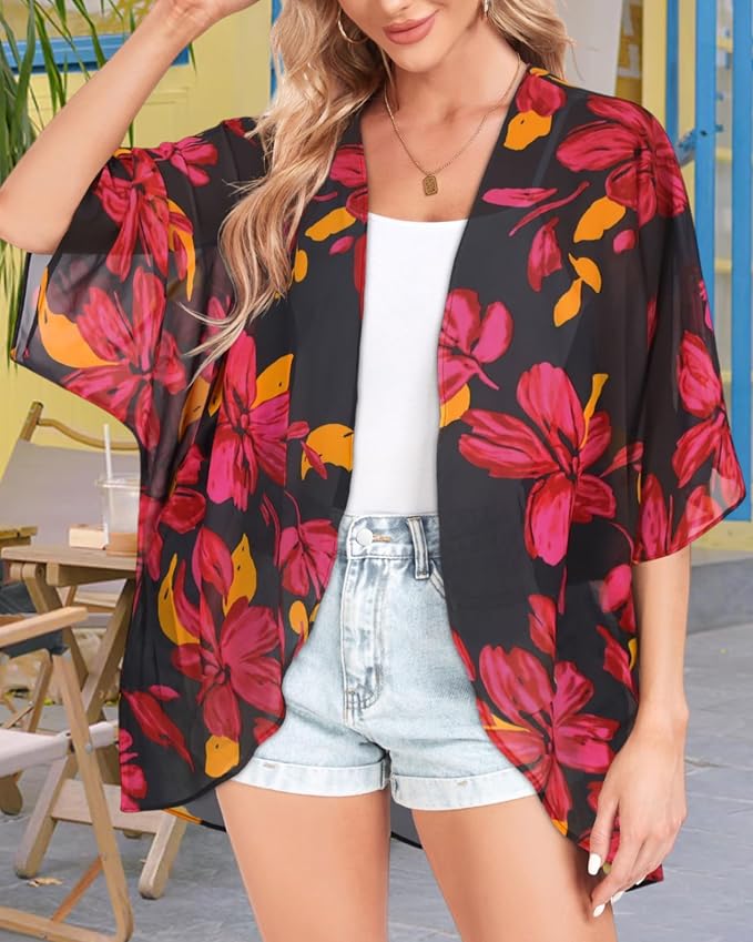 Women Kimono Cardigans Summer Cover Up Hawaiian Shirts Floral Print Tops | ROSEMIA chiffon kimono open front cardigans, beach cover ups, daily casual tops, cruise outfits, summer resort wear
