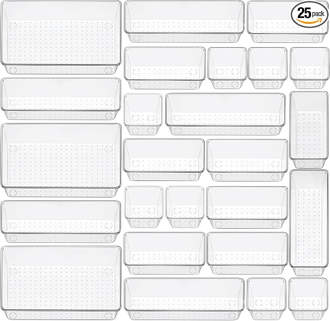 25 Piece Clear Drawer Organizer Set, 4 Sizes Bathroom Vanity Organizer Trays and Storage Bins for Makeup, Cosmetics, Jewelry, and Gadgets. Perfect for Office, Kitchen, Bedroom, Bathroom Use.