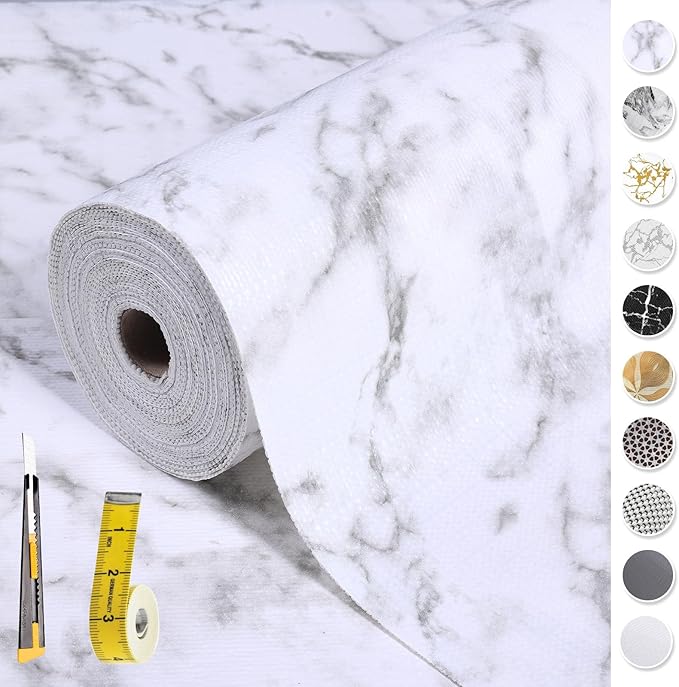2-Layer Drawer and Shelf Liner for Kitchen Cabinet: 12 in X 20 Ft Non Slip Waterproof Shelf Paper Non Adhesive Refrigerator Liners White Marble Easy Liners for Bathroom with Knife Tape Measure | Waterproof Shelf Paper Non Adhesive Refrigerator Liners W...