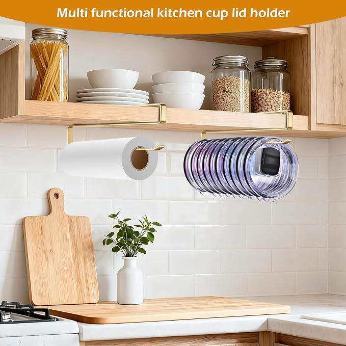 Tumbler Lid Organizer, Kitchen Space-Saving Cup Holder, Organizers for Under Cabinet Storage, No Glue or Drilling Required (Golden)