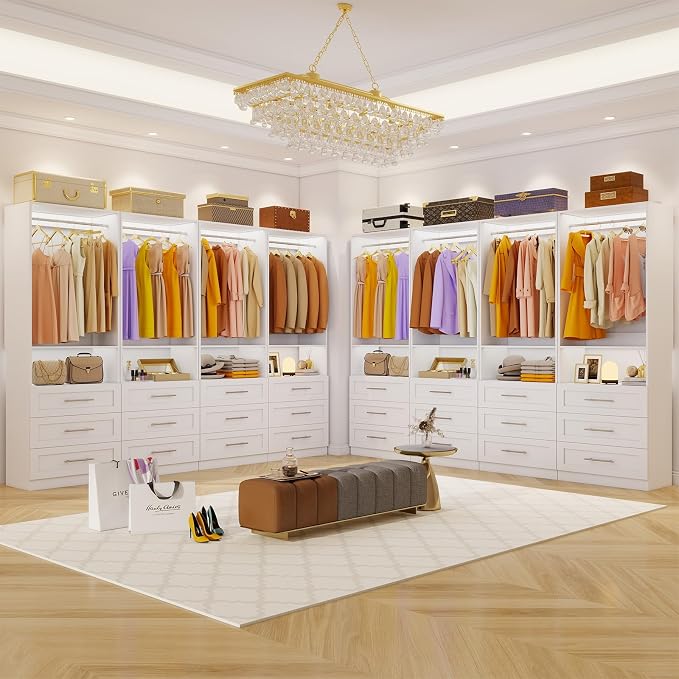 Closet System Set of 3, 6FT-15FT Closet System with 9 Drawers, Walk in Closet System with 6 Hanging Rods Adjustable & 3 Shelves, Modular Custom Closet Organizer Storage System Freestanding, White