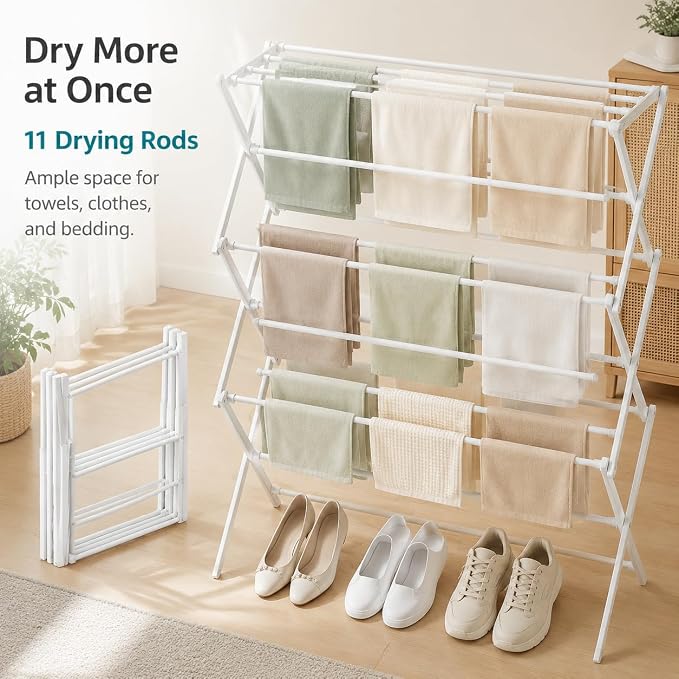 Drying Racks 3 Tier Expandable Clothes Airer Collapsible Clothes Drying Rack, Space-Saving Laundry, Hanging Clothes Indoors & Outdoors, Lightweight, Compact, Folds Away for Convenient Storage,White