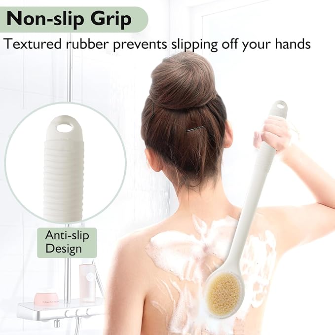 VANZAVANZU Back Scrubber for Shower, 17 Inch Long Handle Back Brush, Dual-Sided Bath Brush, Anti-Slip Handle Shower Brush for Wet or Dry Brushing (Cream White)
