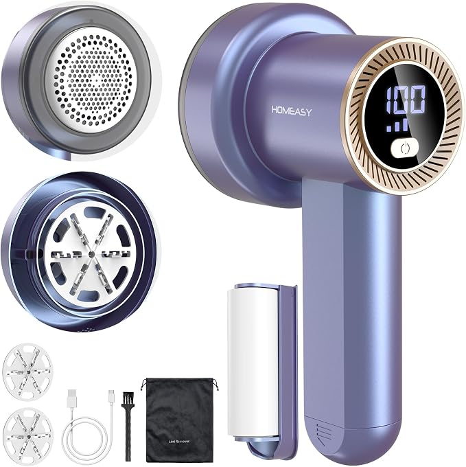 HOMEASY Fabric Shaver, Rechargeable Lint Remover for Clothes Purple | Electric sweater shaver and depiller with 70mm head, 6-leaf blades, LED battery display and Type-C charging for Furniture