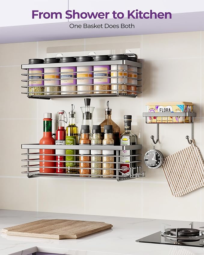 ODesign Shower Caddy 3 Pack SUS304 Stainless Steel-No Drilling-Shower Bathroom Shelves Rack,Rustproof Wall Mounted,Adhesive Shower Shelf Basket Organizer-Grey