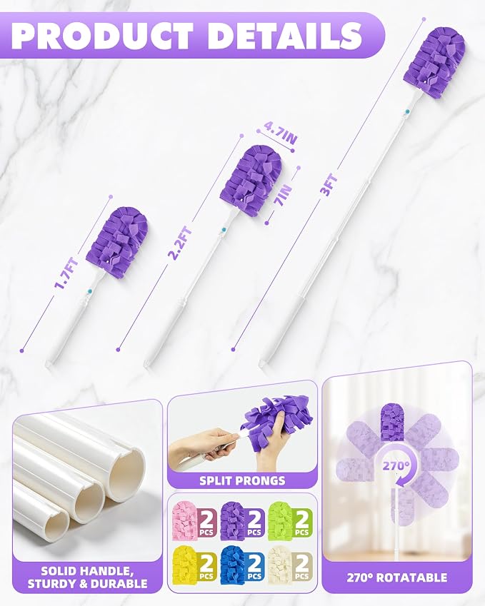 12 PCS Reusable Duster Refills with 3 ft Extendable Handle for Swiffer | Washable Fleece Pads in 6 Colors, 360° Heavy Duty Duster Cleaning for Ceiling Fans, Blinds & High Places, Wet & Dry Use