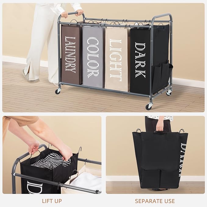 STORAGE MANIAC Laundry Sorter 4 Section, 47.5 Gal (180 L) Laundry Hamper with Wheels, Clothes Divider Basket Sorter, Separator Hamper Cart with Removable Bags, Multicolored