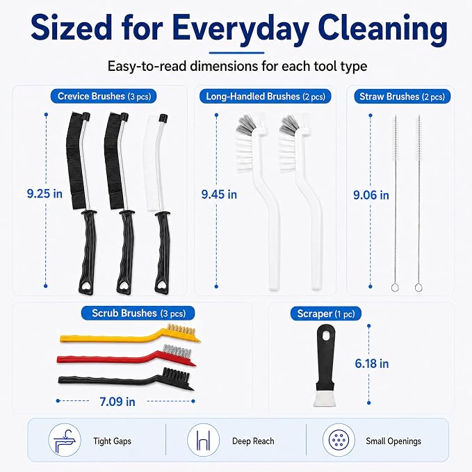 11Pcs Crevice Cleaning Brush Set, Hard Bristle Crevice Cleaning Brush Tool Kit, Thin Brush for Cleaning Tight Spaces, Gaps, Grout, Sink, Bathroom, Kitchen, Window Tracks, Bottles, Straws, with Scraper