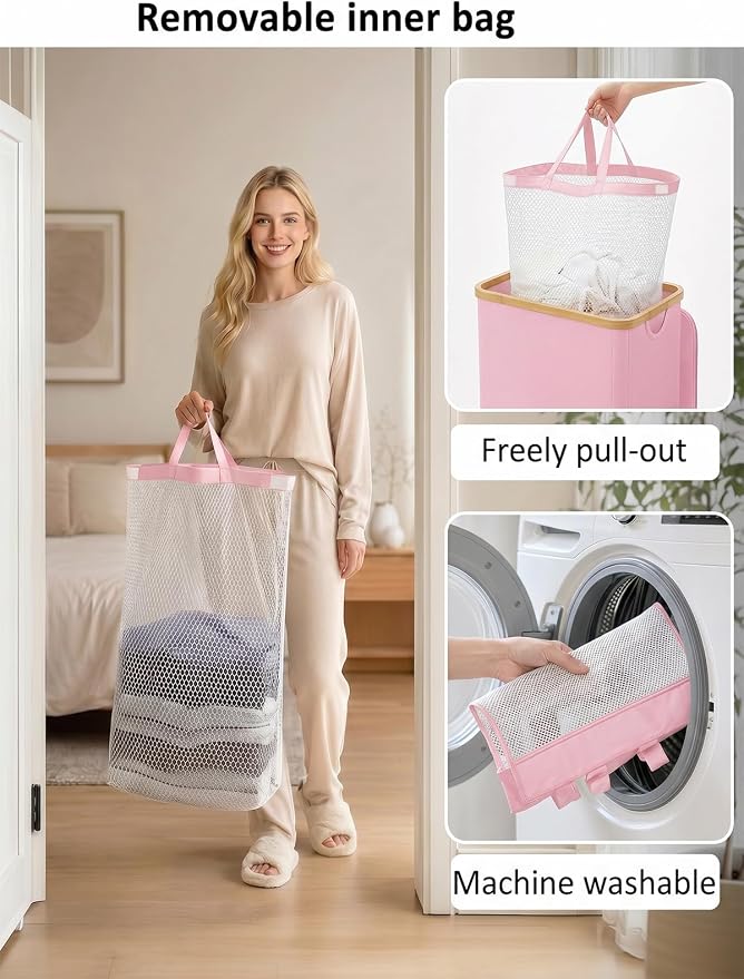 IEGrow Laundry Hamper with Lid,110L Laundry Basket with Mesh Bag,Pink | Dirty Clothes Hamper Basket with Bamboo Handle for Clothes Towels Organization