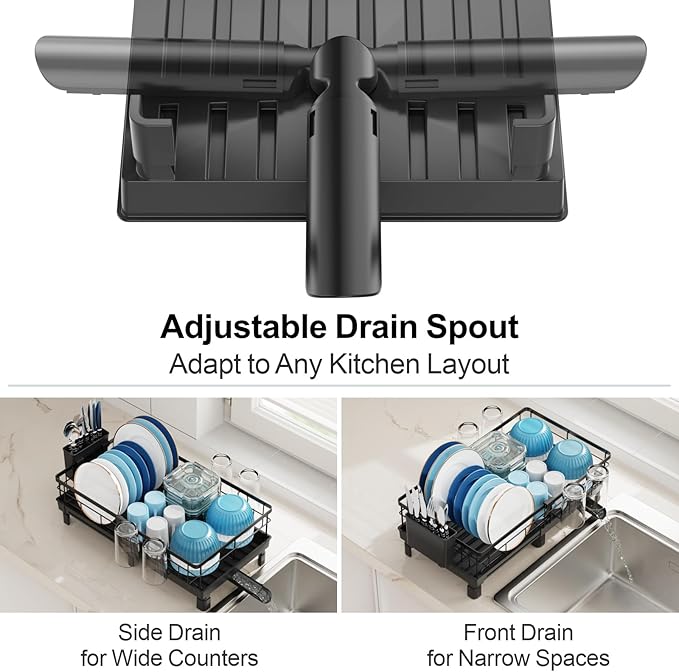 GSlife Expandable Dish Drying Rack - Countertop Drainer, 12-20.5", Black | Compact Extendable Design, Swivel Drain Spout, Cup and Utensil Holder, for Small Kitchen, RV, Countertop Dish Drainer Tray