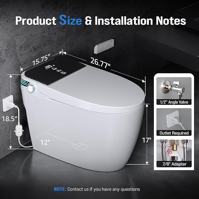 Tankless Smart Toilet Bidet with Auto Open/Close, Dual Auto Flush, Heated Seat, Air Dryer, Multiple Cleaning Modes, One-Piece Design, Blackout Flush, Ideal for Modern Bathrooms