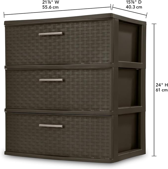 Sterilite 3 Pack 3 Drawer Wide Storage Tower, Weave Organizer, Espresso | Lightweight Opaque Home Storage Container for Bedrooms, Closets, or Bathrooms