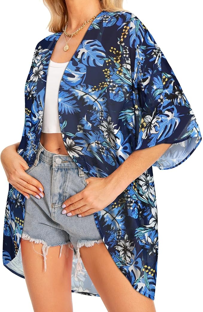 Women Kimono Cardigans Summer Cover Up Hawaiian Shirts Floral Print Tops | ROSEMIA chiffon kimono open front cardigans, beach cover ups, daily casual tops, cruise outfits, summer resort wear
