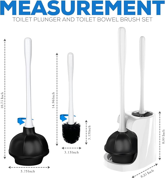 2 in 1 Toilet Brush and Plunger Set - Toilet Brush with Solid Handle, Stand and Holder for Deeply Cleaning in Bathrooms - Plastic Toilet Brush and Holder Set in White