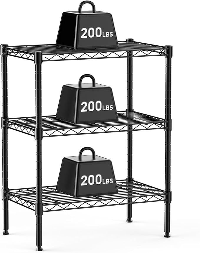 NEWBULIG 3-Tier Metal Wire Storage Shelves, Adjustable Heavy Duty Steel Shelving Unit, Freestanding Storage Rack Organizer for Kitchen, Pantry, Garage, Bathroom, 23.2" W x 13.4" D x 30.3" H, Black