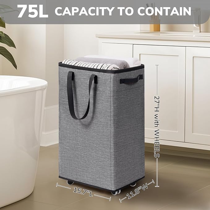 Goodpick 75L Collapsible Laundry Baskets with Removable Wash Bag and Wheels | Laundry Basket with Wheels, Rolling Laundry Hamper with Handle for College Dorm, Laundry Hamper on Wheels, Light Grey