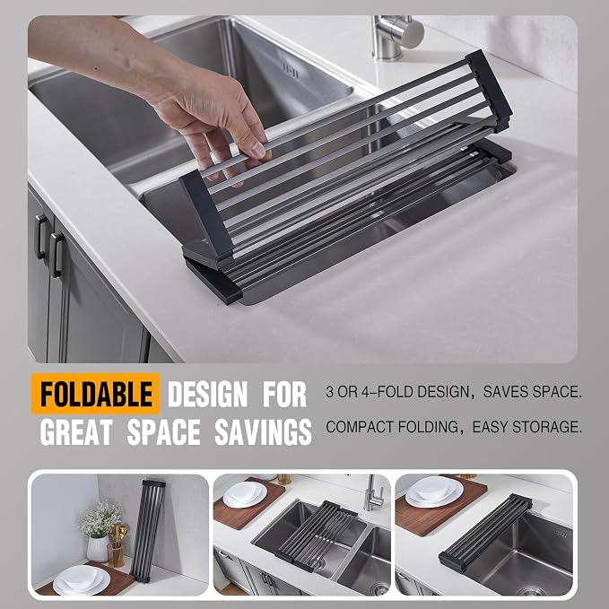 Foldable Over Sink Dish Drying Rack, 304 Stainless Steel Kitchen Drain Rack for Tableware, Detachable Silicone Edge, Rectangular Tubing, Black,3 Fold 19.7" x 11.42"