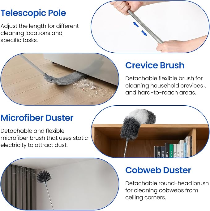 Extra-Long Dusters Kits with Extension Pole, Cobweb Duster, Microfiber Dusting Clothes for Gap, 5 in 1 Cleaning Tools with Extendable Long Handle, Blinds, High Ceilings and Fans, Cars and Furniture