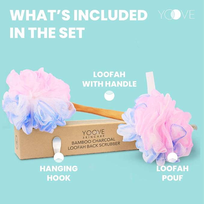 Yoove Loofah Back Scrubber w/Bamboo Charcoal Fiber Infused Bath Sponge, Wooden Handle, Luffa Pouf, Sponge Stick & Hanging Hook for Men & Women, Pink Loofah w/Handle, Loofa, Lufa Body Scrubber Stick