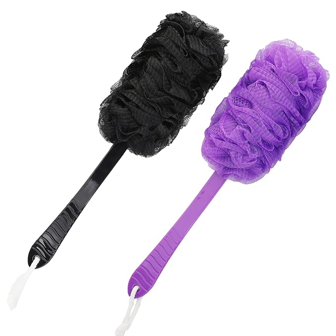Back Scrubber Brush Long Handle for Shower, Loofah On a Stick Sponge Back Brush, Body Exfoliator Scrubber Bath Brush for Men Women, Exfoliating Cleaning Back Scrubber (2 Pack-Black+Purple)