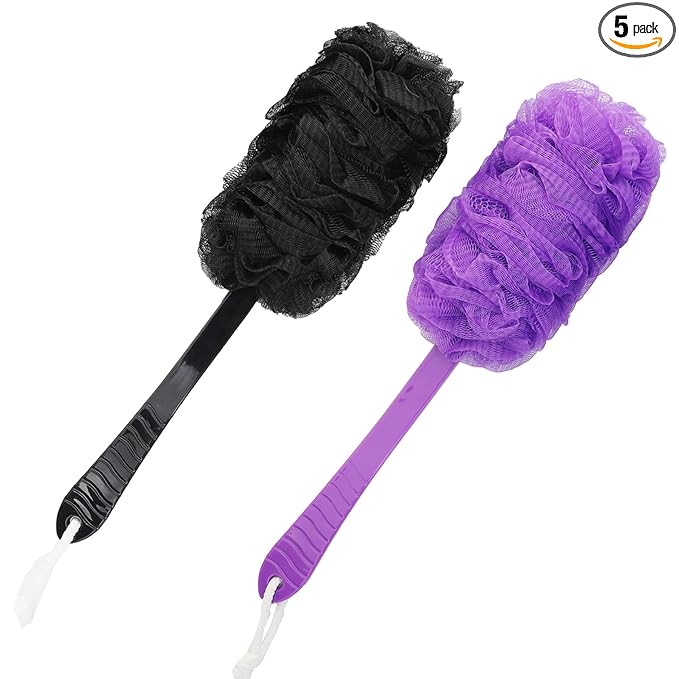 Back Scrubber Brush Long Handle for Shower, Loofah On a Stick Sponge Back Brush, Body Exfoliator Scrubber Bath Brush for Men Women, Exfoliating Cleaning Back Scrubber (2 Pack-Black+Purple)