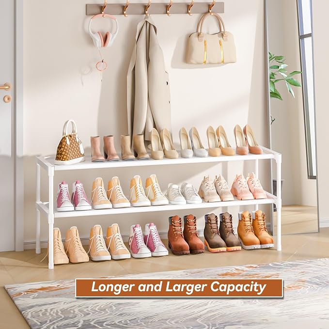 LUKYTOWER Extra Long Shoe Rack 2 Tier Wide Shoe Storage Organizer | Sturdy Durable Shoes Rack for Closet, Entryway, Dorm, Save Space Stackable Shoe Shelf Stand Holder