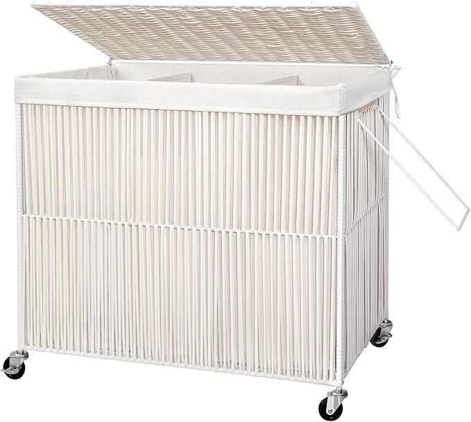 WOWLIVE Laundry Basket 3 Section, Handwoven Laundry Hamper with Wheels | Rolling Clothes Hamper with Lid and Divided Removable Bag, 160L Large Laundry Sorter, Laundry Room Organization, Creamy White