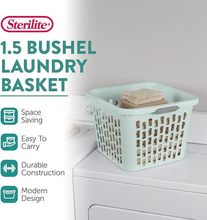 Sterilite Laundry Basket, Plastic Clothes Hamper, 24 Pack | 1.5 Bushel Capacity, Mint, Large Square Bin with Comfort Grip Handles and Reinforced Rim