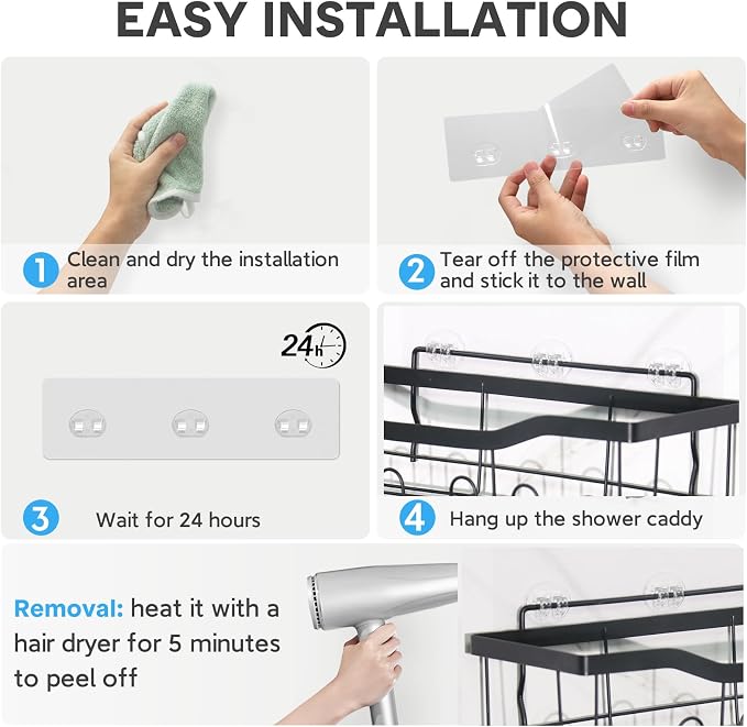 8 Pack Shower Caddy Adhesive Replacement, Strong Adhesive Double Hooks for Shower Shelf, Waterproof Adhesive Hooks, No Drilling, for Bathroom Shelves, Kitchen Racks and Soap Holder