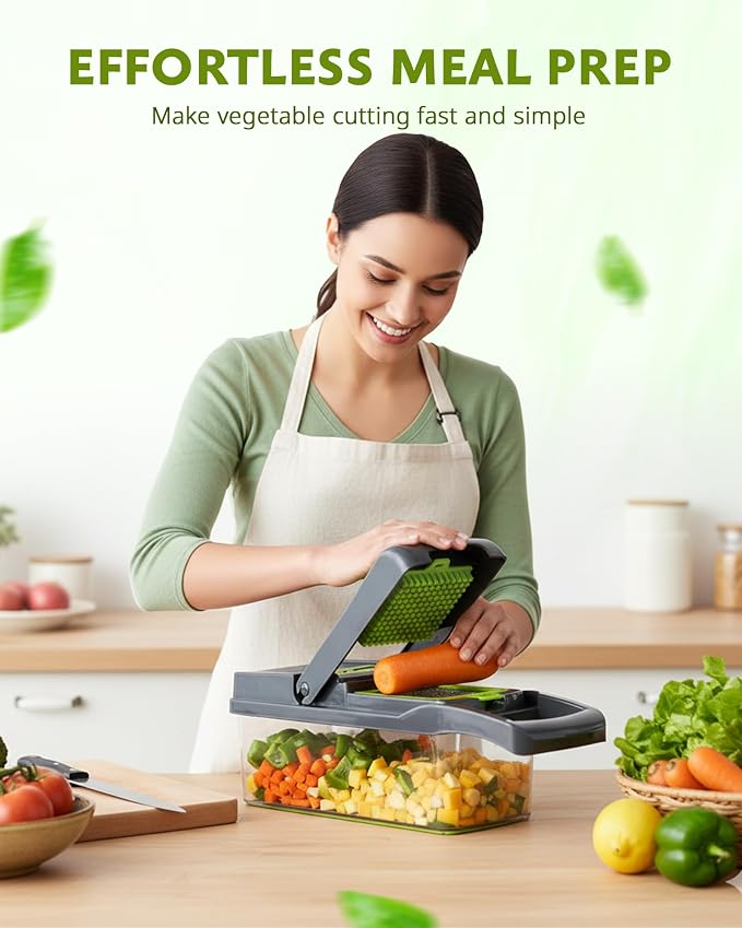 ADOV Mandoline Slicer for Kitchen, Vegetable Chopper with Container, 14 in 1 Multifunctional Food Chopper, 7 Blade Onion Cucumber Slicer Vegetable Cutter for Salad, Potato Essential Kitchen Gadgets