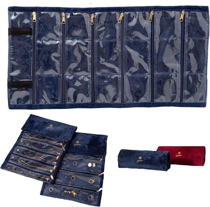 Travel jewelry organizer-Portable organizers and storage Soft Velvet travel case with Zippered, Compact Storage for Earrings, Rings, Necklaces, Studs, for Women(Blue, 18Pockets)