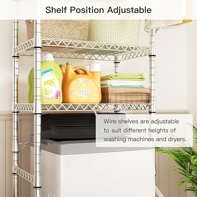 U11 Mini Over Washer and Dryer Shelves, 3 Tiers Laundry Room Storage and Organizer Standing Shelf, Metal Freestanding Clothes Drying Rack, 28.3" W x 19.7" D x 77.6" H, Chrome
