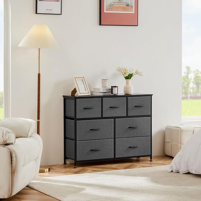 OLIXIS 7 Drawers Fabric Dresser for Bedroom, Storage Tower Organizer | Living Room & Entryway, Sturdy Steel Frame, Wooden Top & Easy-Pull Bins, Closet Chest for Clothes, Classic Grey