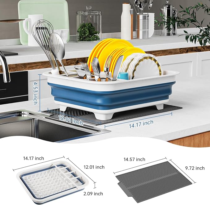 Dish Rack,Drying Rack Kitchen, Dish Racks for Kitchen Counter, Collapsible Dish Drying Rack—Suitable for Kitchens, motorhomes, Yachts, Campers - Blue-White (with Silicone Drain Pad)