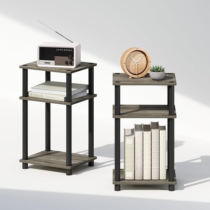 Furinno Just 3-Tier Turn-N-Tube Open Storage Nightstand, 2-Pack, Plastic Poles, French Oak/Black