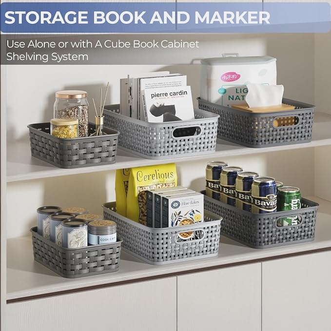 FUCDTEFC Black Plastic Basket, 8 Pack Home Organization and Storage Baskets with Handles, Space Saving Woven Organizer Bins Plastic Storage Basket for Organizing Cabinets,Closets, Shelves, Countertops