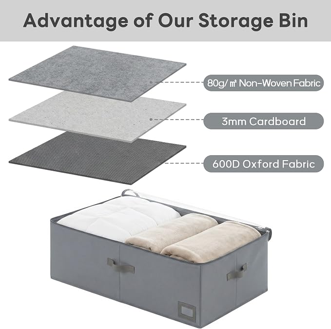 10" High Capacity Under Bed Storage Bins (2-Pack, Grey), Deep 600D Heavy Duty Oxford Fabric Storage Box for King Size Comforters, Pillows & Large Blankets