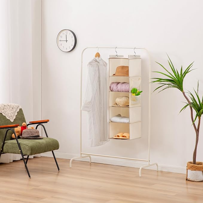 YOUDENOVA Hanging Closet Organizer, 5-Shelf Closet Hanging Storage Shelves, Beige