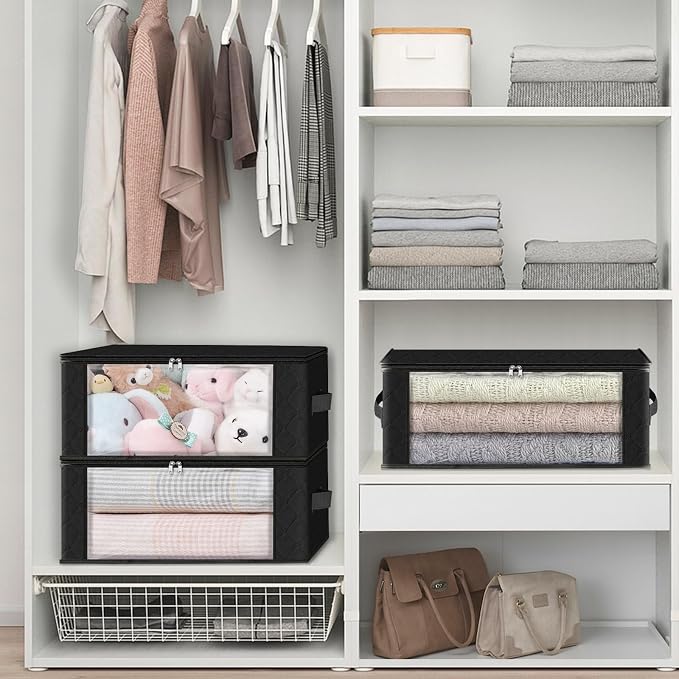 HomeHacks Storage 8-Pack Clothes Organizer Storage Bags Foldable Storage Box with Large Clear Window Sturdy Handles for Closet, Dorm, Pillows, Bedding, Clothes, Blankets, 35L, Black