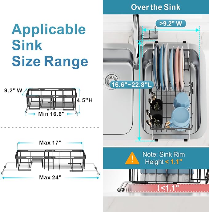 iSPECLE Small Sink Dish Drying Rack, Expandable Narrow Rust Resistant Dish Drainer for RV Apartment Kitchen, Dish Rack with Tightening Knob, Arms with Non Slip Rubber, 9.2" W x 16.6"-24" L, Black | Rust Resistant, Locking Knob Stability, for Small Kitc...