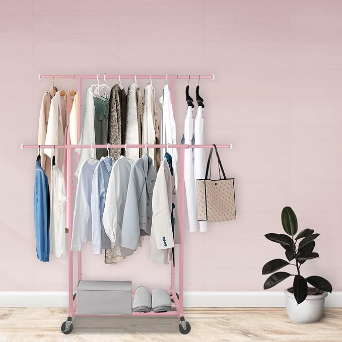 Fishat 48" W x 15" D x 67" H Portable Pink Double Rods Garment Clothes Rack | Metal Freestanding Hanging Organizer, Mobile Lockable Wheels, Portable Freestanding, for Storage, Drying, Bedroom
