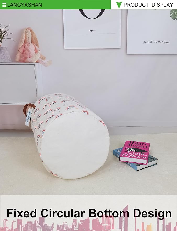 Round Laundry Basket Collapsible Storage Hamper Cloud Rainbow | Waterproof Canvas Foldable Baskets with sturdy Handles Multi-scene Organizer for Home Play Bedroom Gift Bin